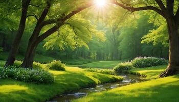 a beautiful green forest with trees and a stream photo