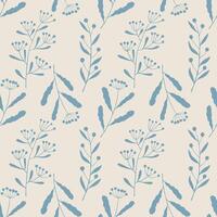 Herbal botanical pattern with doodle stylized twigs blue color on pastel background. Textile. vector
