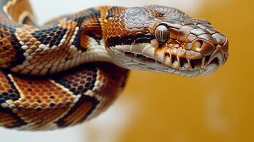 Closeup of a snake with intricate patterns and scales on its head and body against a blurred background photo