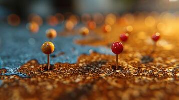 Closeup of colorful pins on a textured surface with a blurred background photo