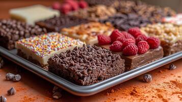 A delightful assortment of chocolate treats with various toppings and textures arranged in a tray photo