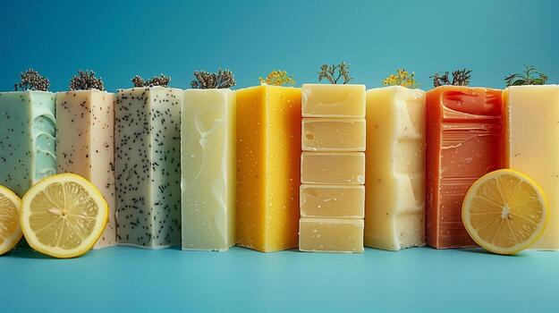 A vibrant display of colorful soaps with various textures and lemon slices against a blue background photo