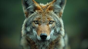 Closeup of a coyote's face with detailed fur and whiskers set against a green background photo