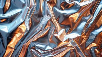 Shiny metallic fabric with intricate folds and a blend of silver and gold hues creating a luxurious texture photo