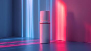 Futuristic white container with a red line set against a blue and pink background photo