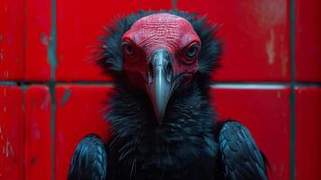 Intense Closeup of a Vulture with Striking Red Feathers and Piercing Eyes Against a Vibrant Red Background photo
