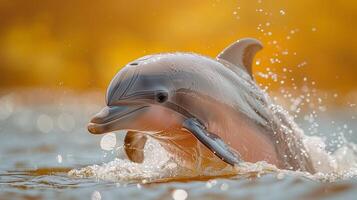 Dolphin leaping gracefully out of the water with a golden sunset backdrop creating a stunning scene photo