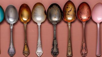 A collection of vintage spoons with intricate designs and varying colors arranged neatly on a soft pink background photo