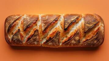 Artisanal bread with intricate leaf patterns and a golden crust set against an orange background photo