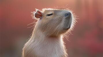 Closeup of a capybara's face with its eyes closed and whiskers in the sunlight photo