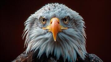 Closeup of a bald eagle with piercing eyes and sharp beak against a dark background photo
