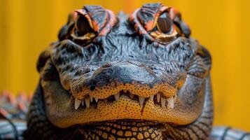 Intense closeup of an alligator's face showcasing its powerful jaw sharp teeth and textured skin against a vibrant yellow background photo