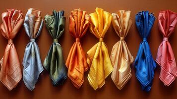 Colorful silk napkins tied in knots and arranged in a row on a brown background photo