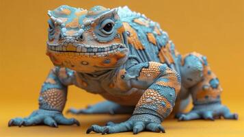 Blue and orange lizard with intricate scales and patterns resting on a yellow surface photo