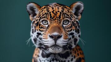 Closeup of a jaguar's face with striking eyes and intricate patterns on its fur photo