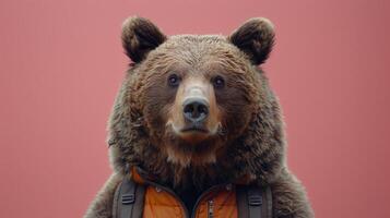 A bear wearing a yellow jacket with a backpack against a soft pink background creating a whimsical scene photo