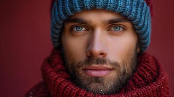 Man in blue knit cap and red scarf with snowflakes on his beard looking at camera with a serious expression against a dark red background photo