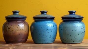 Three ceramic jars with speckled patterns and lids set against a yellow background photo