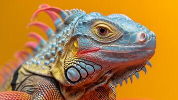 Closeup of a colorful lizard with intricate patterns and textures set against an orange background photo