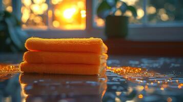 Stack of orange towels on a reflective surface with sunlight streaming through the window photo