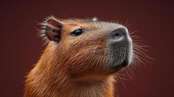 Closeup of a capybara's face with detailed fur and whiskers set against a dark background photo