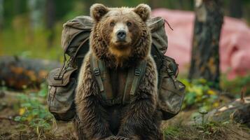 A bear with a backpack standing in a forest setting creating a whimsical and adventurous scene photo