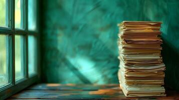 Stack of papers on a wooden surface with sunlight streaming through the window photo