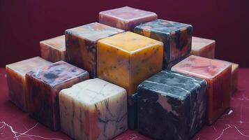 Stack of colorful cubes with intricate patterns and textures set against a red background photo