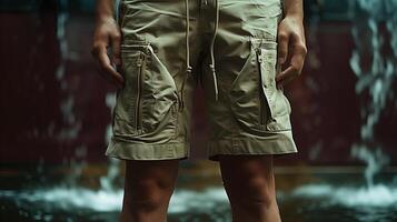 Person wearing beige cargo shorts with zippers and pockets set against a water background photo