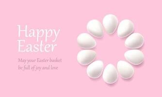 White chicken egg round layout top view, happy Easter background. 3d hen food render, farm organic protein concept. Fresh healthy breakfast illustration, light shell duck cook realistic package vector