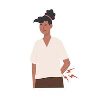 Afro woman suffering from back pain, holding her lower back with a pained expression. Medical concept of spine issues, posture problems, and physical pain. Flat Style Illustration. vector