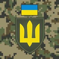 Military patch of the Ukrainian army on pixel camouflage background. vector