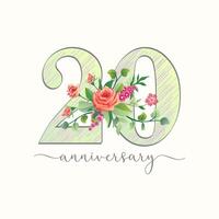 Cute number 20 with roses and mallows bouquet. Happy anniversary graphic congrats. Creative handdrawn style digit 2 and 0 with sketching elements and isolated clipping mask. Set of vintage flowers. vector