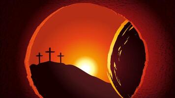 Morning Easter Sunday, open tomb and three cross - Christian illustration, banner template, background with copy space vector