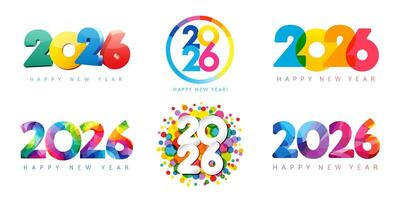 Big set of Happy New Year 2026 icons, colorful design. vector