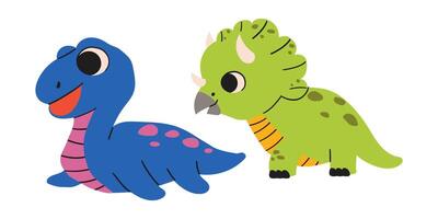 Two dinosaur cute characters colorful prints set illustration. Simple wild prehistoric animals childish design element doodle collection . vector