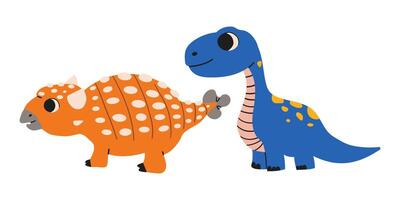 Two dinosaur cute characters colorful prints set. Lovely monsters illustration. Simple wild prehistoric animals childish design element doodle collection . vector