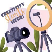 postcard with a camera and ring light for creative ideas vector