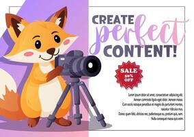 Create Perfect Content flyer with a fox and camera vector