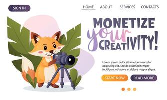 Landing page for monetizing creativity in photography vector