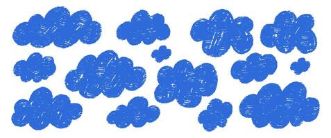 Set of abstract pencil clouds. Sketch blue illustration on a white background. vector