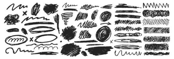 Scribble charcoal strokes set with crayon or pastel texture. Charcoal pencil curly lines and squiggles, swirls and spirals. illustration. vector