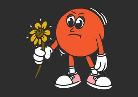 Ball head mascot character in sad expression holding wilted sunflower. in red color vector