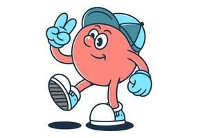 walking ball head character wearing a hat with hands forming a peace symbol in red with white background vector