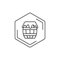 Honey barrel line icon in hexagonal frame on white background. black line pictogram. Tropical themes, pollen, field honey in minimalistic style vector