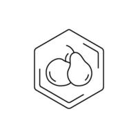 Pear and apple icon inside hexagonal frame on white background. fruit black line pictogram. Tropical themes, fruits, pollen, field honey in a minimalistic style. vector