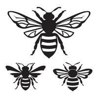 Detailed Silhouette Illustrations of Bees with Intricate Wing Patterns and Striped Bodies in Various Poses for Nature and Pollination Designs vector