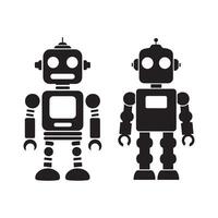 Retro Style Robot Illustrations - Two Unique Black Silhouettes of Vintage Robots with Distinct Features and Designs vector