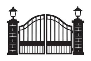 Elegant Iron Gate with Brick Pillars and Lanterns, Symmetrical Design for Entrances, Gardens, and Driveways, Classic and Timeless Architectural Element vector