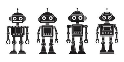 Set of Four Retro Futuristic Robots with Unique Designs and Expressions, Perfect for Technology and Sci-Fi Themed Projects vector